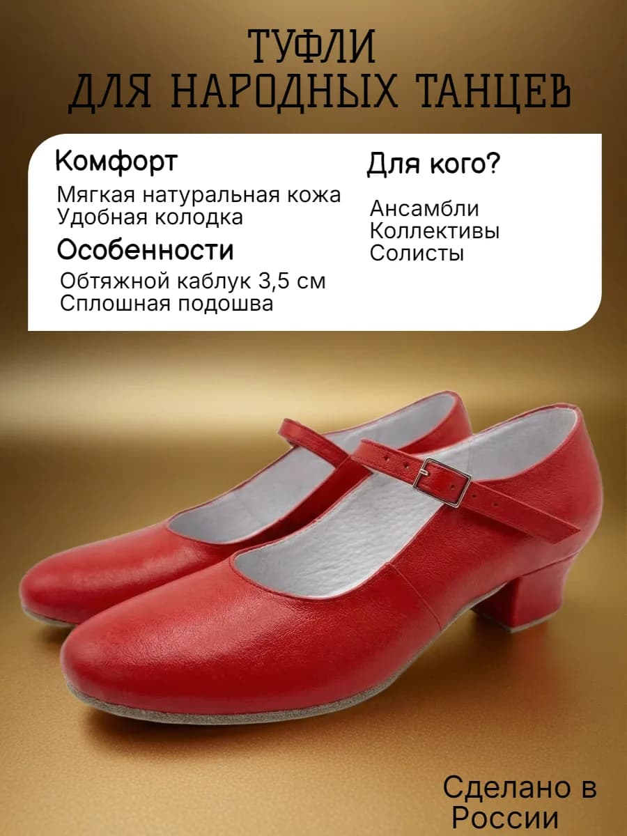 Туфли женские народные Т-5 — Туфли женские со сплошной подошвой и обтяжным каблуком для народных танцев. Изготовлены из натуральной кожи высокого качества. Подклада-натуральная кожа(спилок), подошва- натуральная кожа(чепрак). Каблук наборный, высота каблука от 30 ого размера по 33 ого -2.5 см ,от 34 ого по 40 ого размера 3.5 см .Туфли танцевальные черные , производятся в России, имеют удобную колодку для средней полноты стоп ,подходят для тренировок и выступлений.
